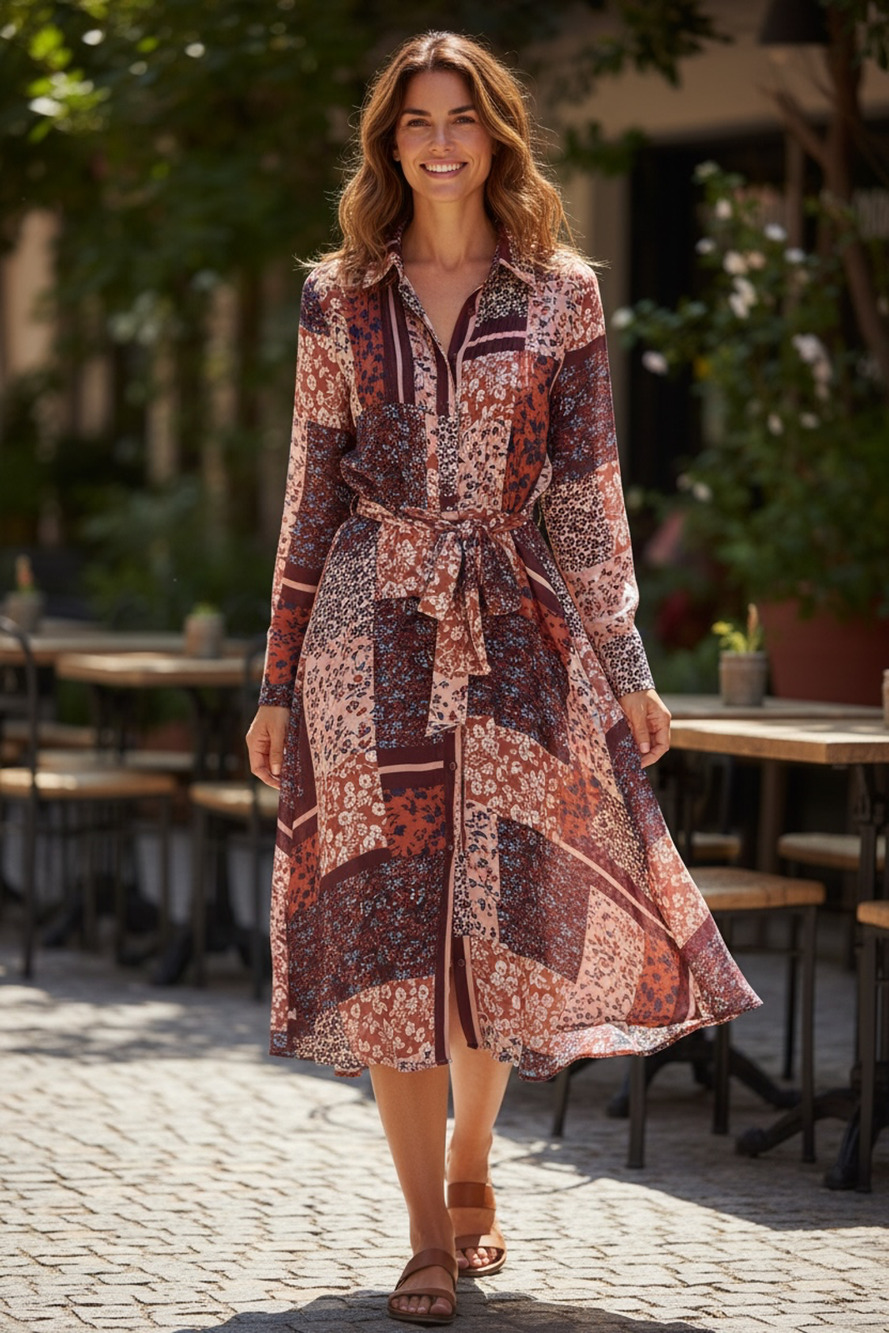 Nanette Lepore Midi Dress Womens 4 Maroon Floral Pleated Button Front Bohemian